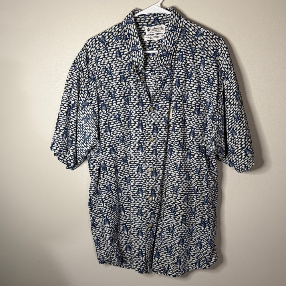 Columbia Fish Bone Print Shirt Short Sleeve Blue White Size XL Button, Collar